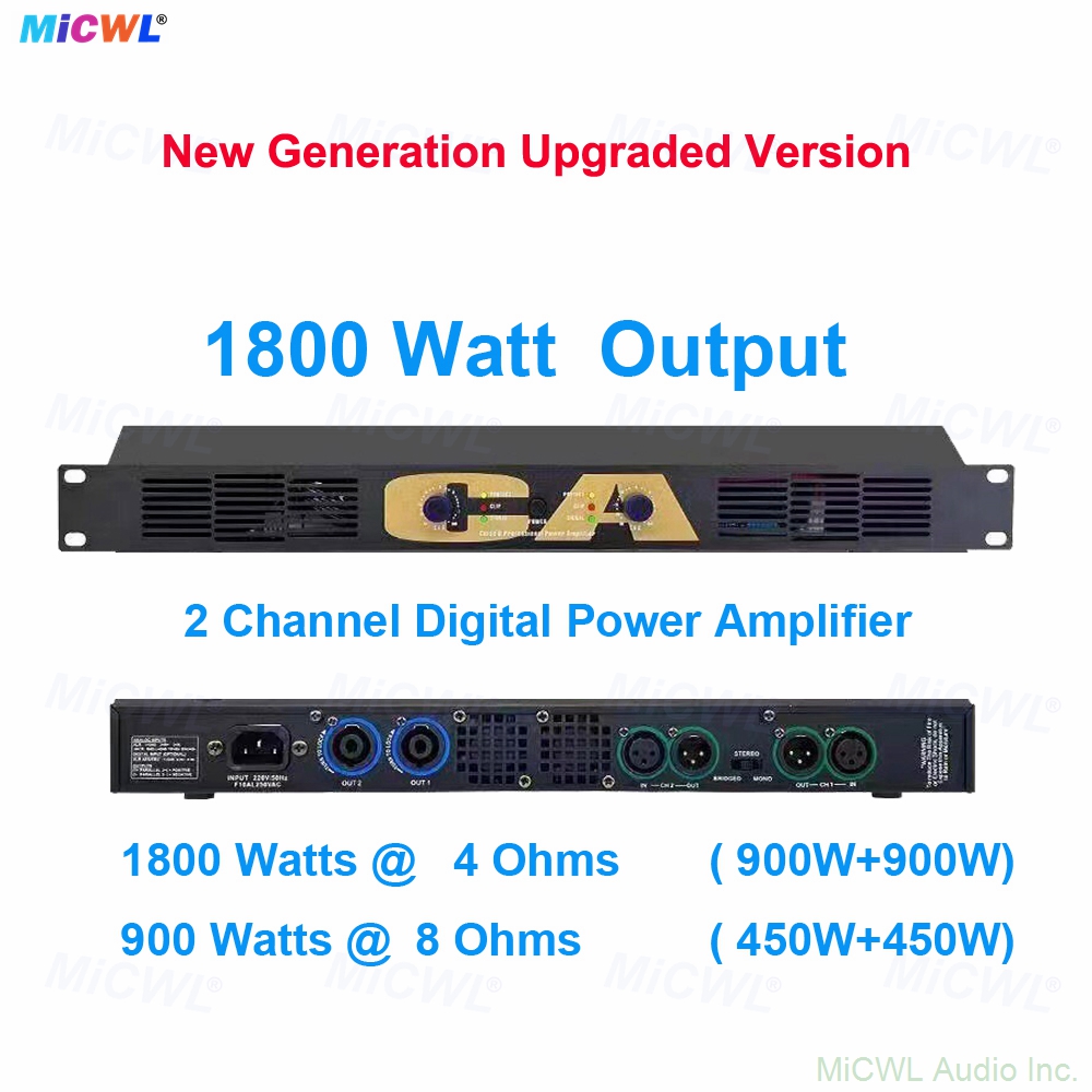 MiCWL CA450 2-Channel 1800W Peak 900W RMS Digital Power Amplifier Front Panel and Rear Panel Connectors for Stage and Concert Hall