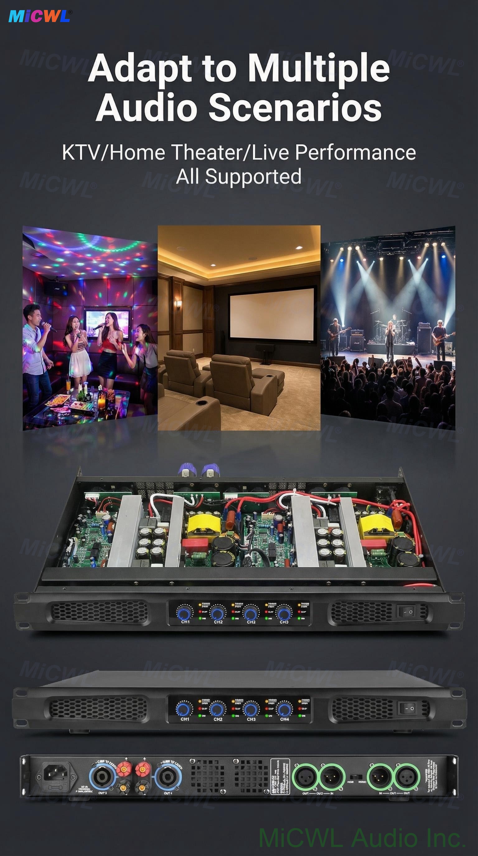 MiCWL CA6400 4-Channel 800W Class D Digital Power Amplifier 1U Rack Mount MiCWL CA6400 4-Channel 800W Class D digital power amplifier, slim 1U metal rack-mount chassis, 6400W RMS at 4 ohms, 8500W peak output, SpeakON speaker outputs and balanced XLR inputs, for concert hall and stage performance