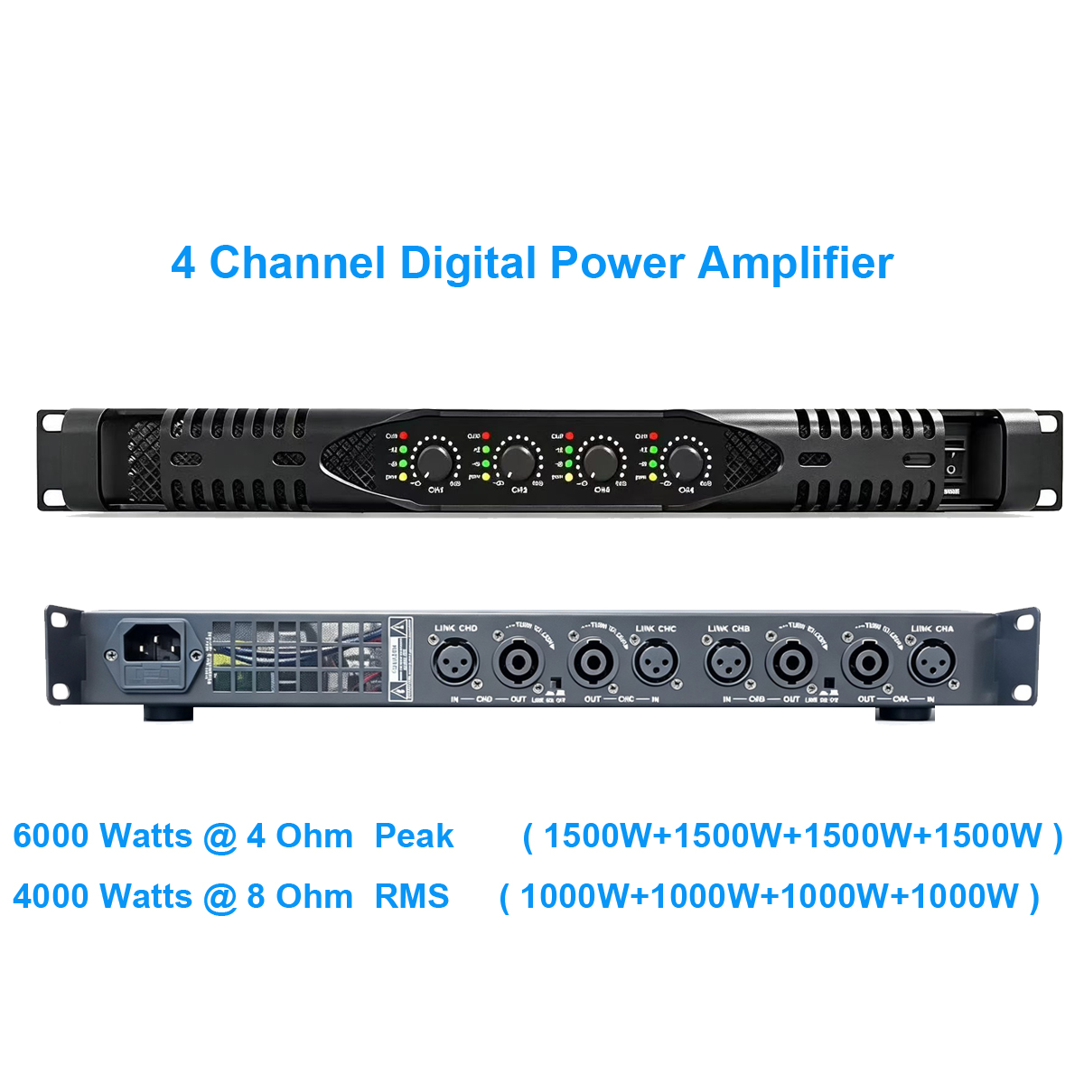 PX40 4-Channel 6000W Digital Power Amplifier 1U Rack-Mount Full Black Metal Front Panel with Control Knobs and NL4 Outputs