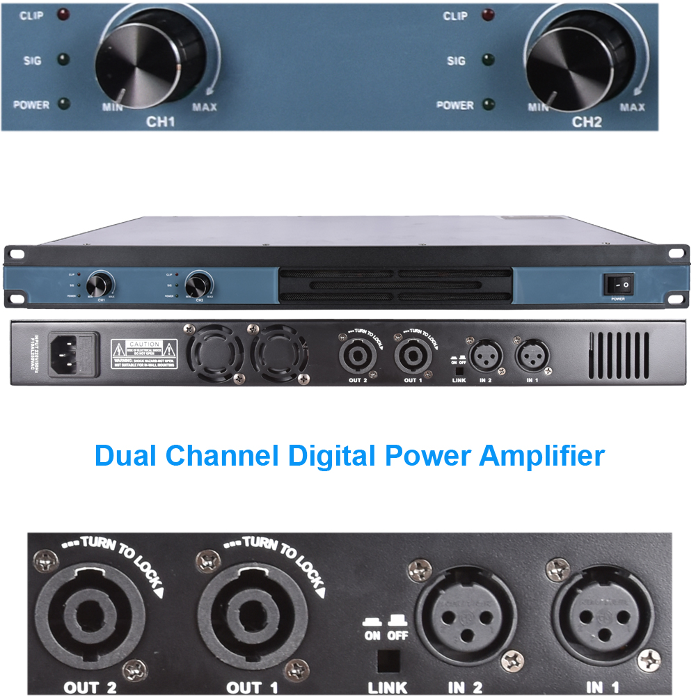 CA6200 2600W 2-Channel Digital Power Amplifier 1U Rack-Mount Front View with Running Status Indicators