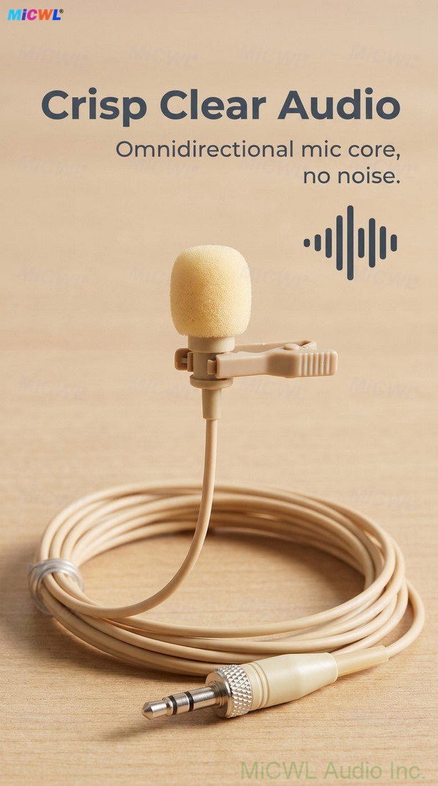 TL48 skin-tone lavalier microphone worn on collar - discreet clothing integration