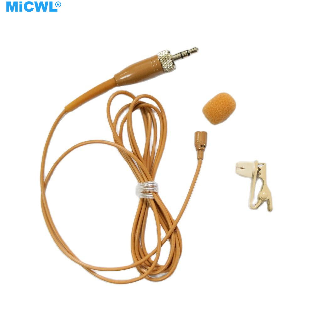 MiCWL SM11 tan omnidirectional lavalier lapel microphone for Sennheiser 3.5mm stereo lock wireless bodypack transmitter - sweat-proof mic with foam windscreen and clip for stage theater broadcast presentations