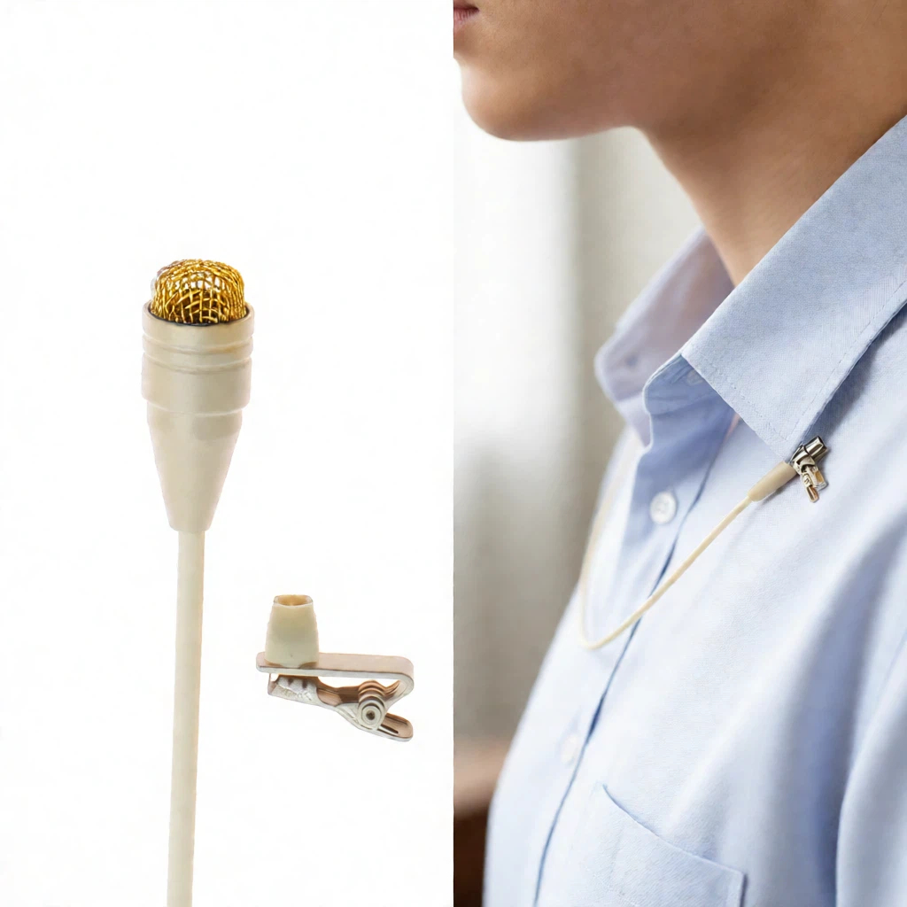 Close-up Gold Mesh Head Microphone Detail - Wind Noise Reduction Technology - Professional Lapel Mic Attachment on Business Suit