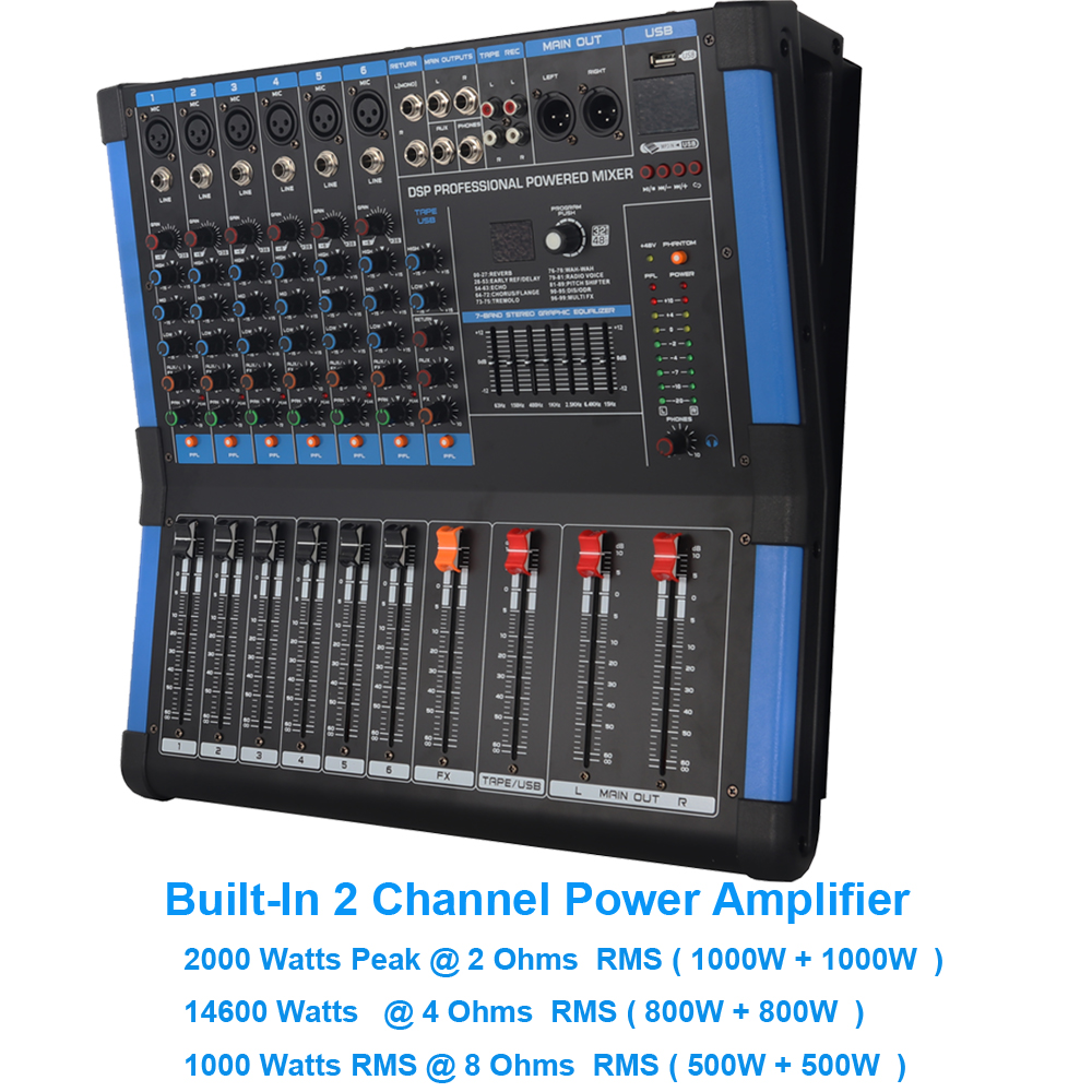 BG600 6-channel 1200W power mixer front panel with faders and EQ