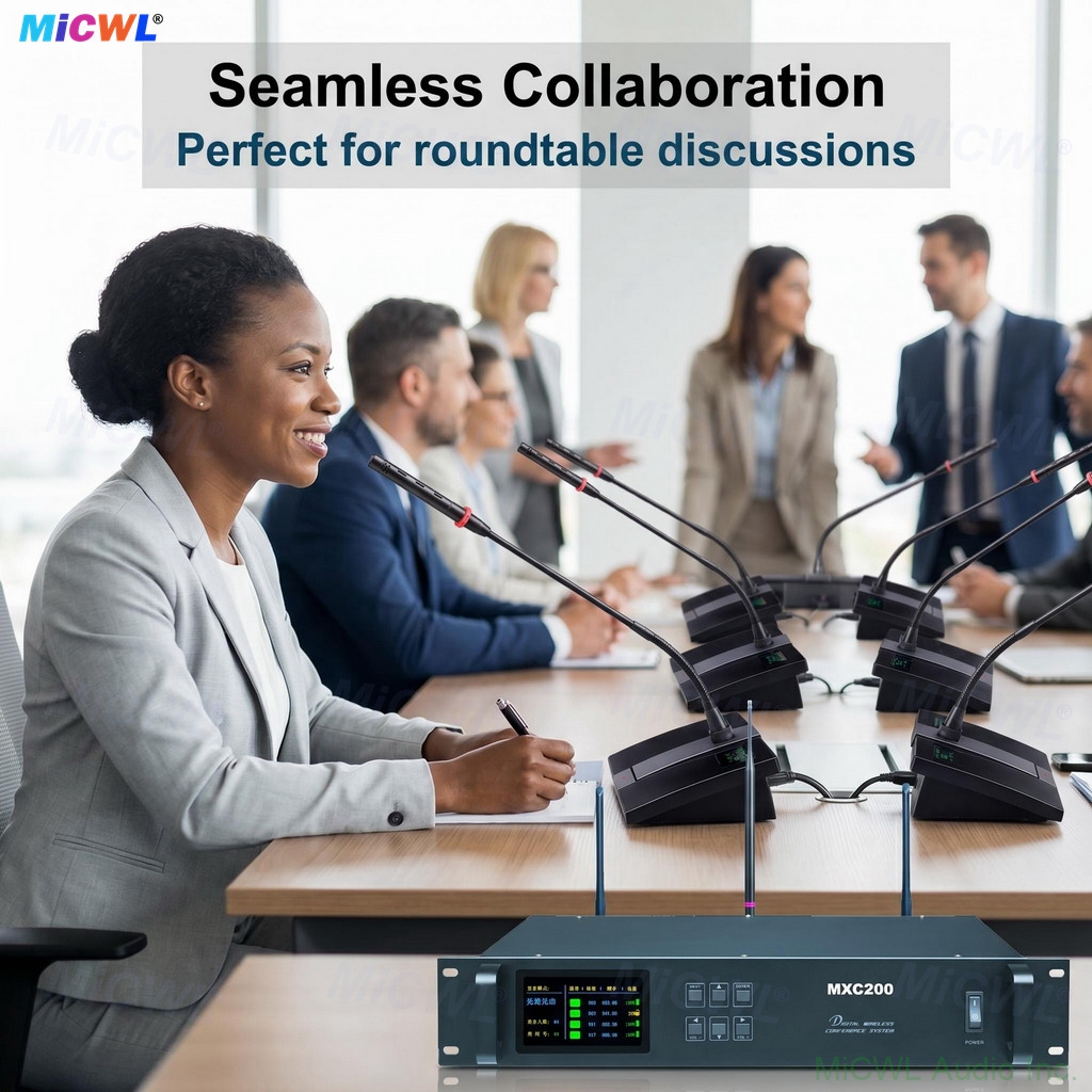 MXC200 A103 gooseneck conference microphone desktop unit detail LED ring base display rechargeable battery 16 units