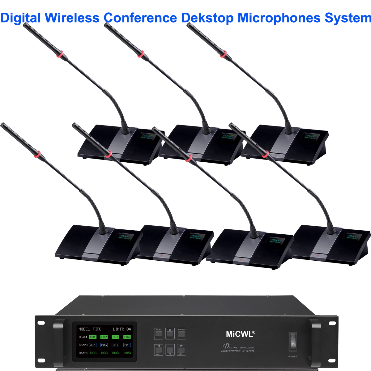 MiCWL MXC200 A103 digital wireless conference system 12 gooseneck desktop mics 1 chairman 11 delegates LED display meeting room