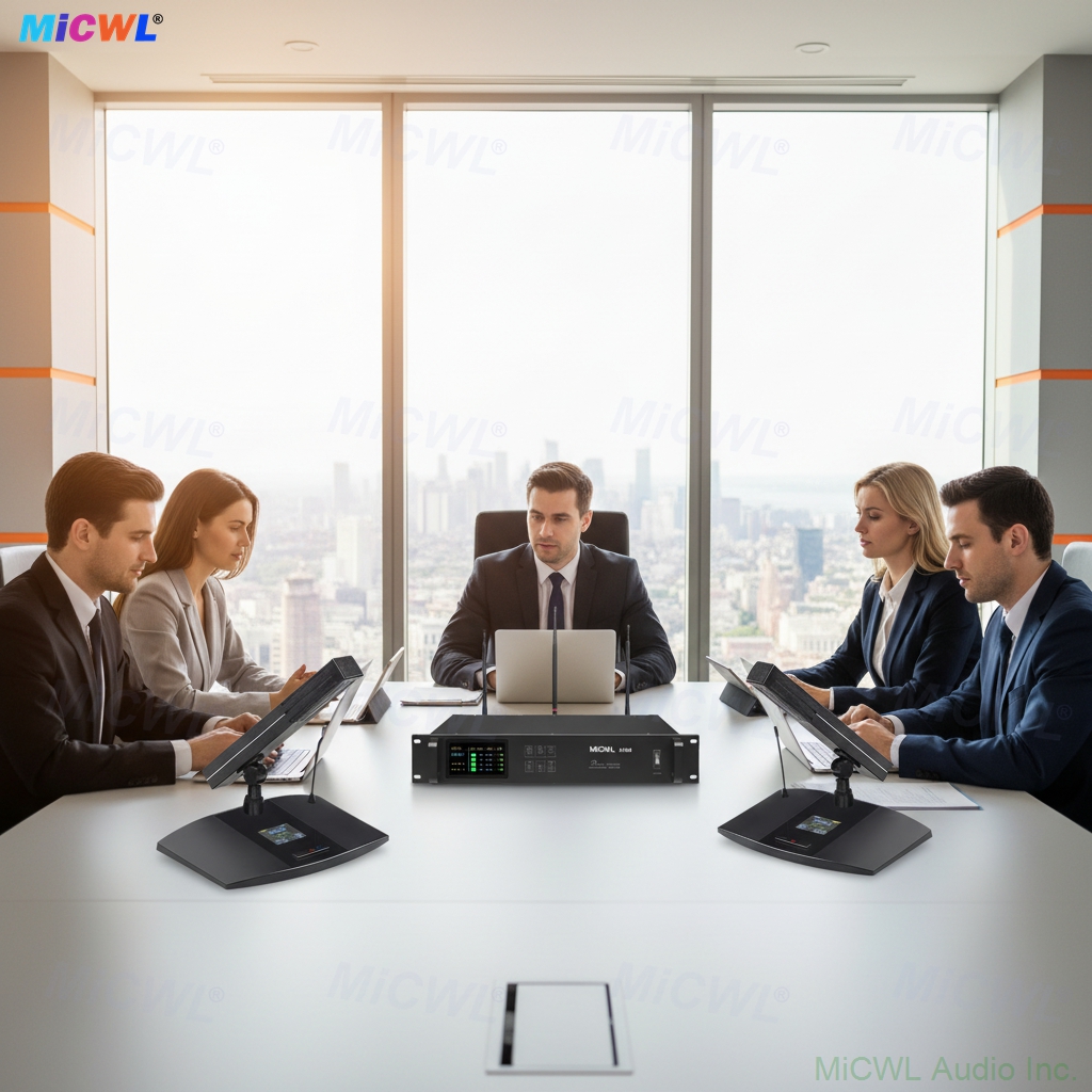 MiCWL A105 black rechargeable gooseneck conference microphone with LED status indicator and wireless base for digital meeting system