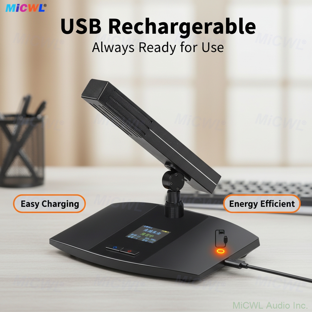 MiCWL A105 rechargeable digital wireless gooseneck conference microphone system with black rack-mountable master unit and multiple gooseneck microphones for meeting room solution