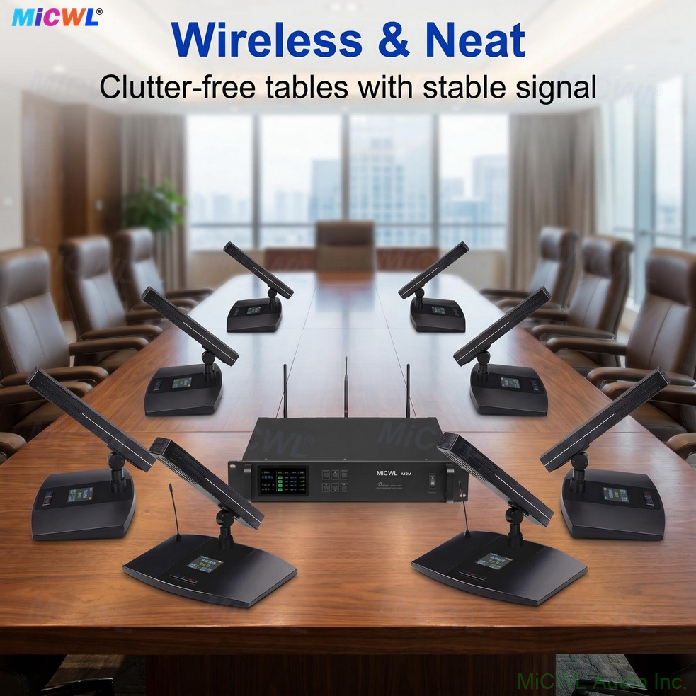 A105 rechargeable digital wireless conference system 16 gooseneck desktop mics 1 chairman 15 delegates LED display MiCWL A10M series