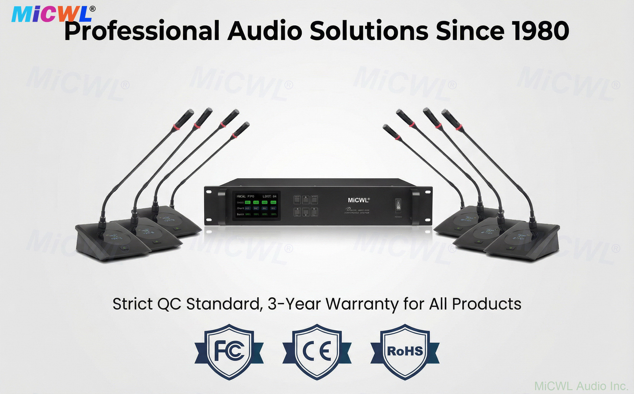 Close-up of MiCWL A10M control unit LCD display showing 15 active microphones status
