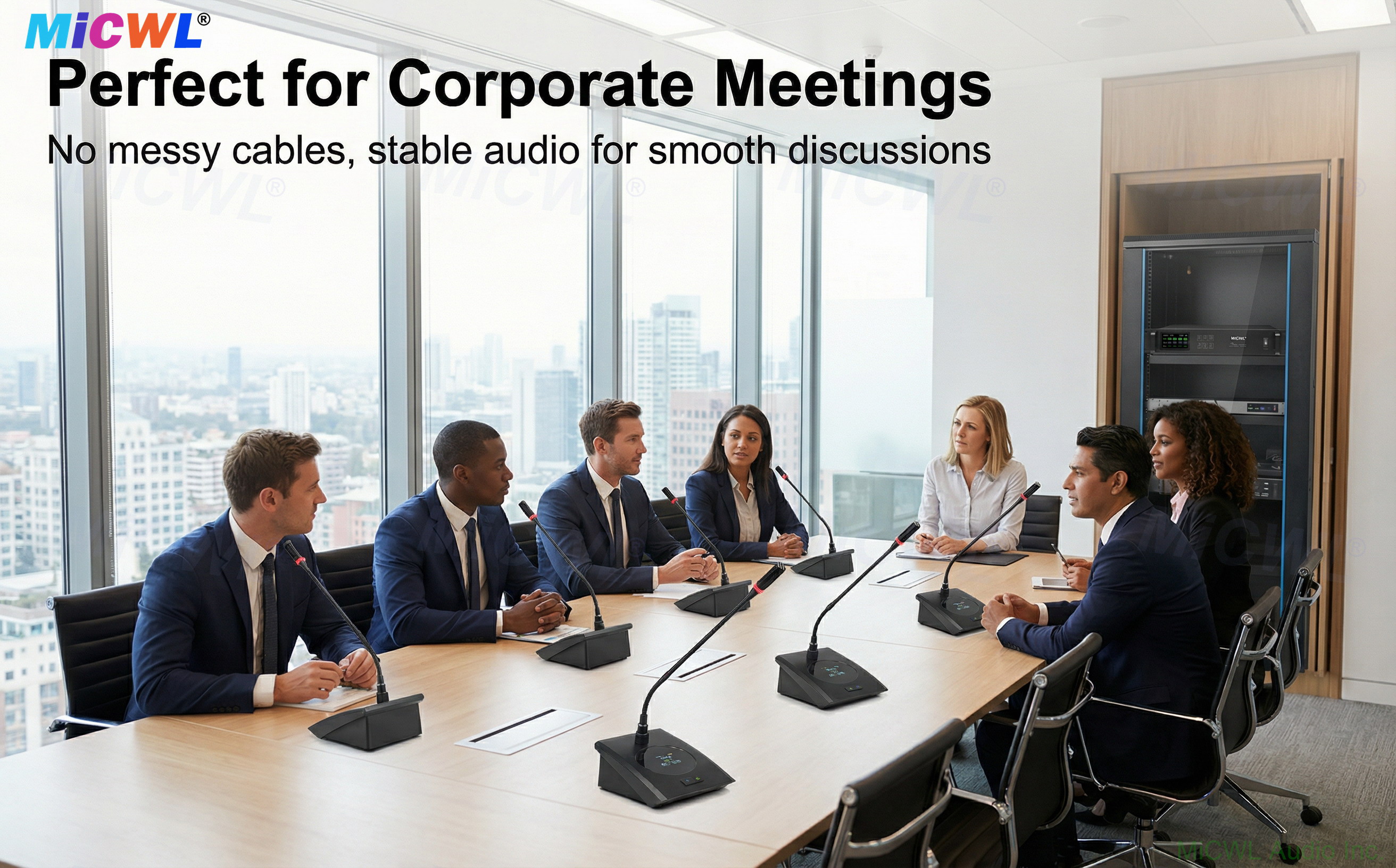 Adjustable gooseneck microphone with LED ring and OLED display for conference table setup