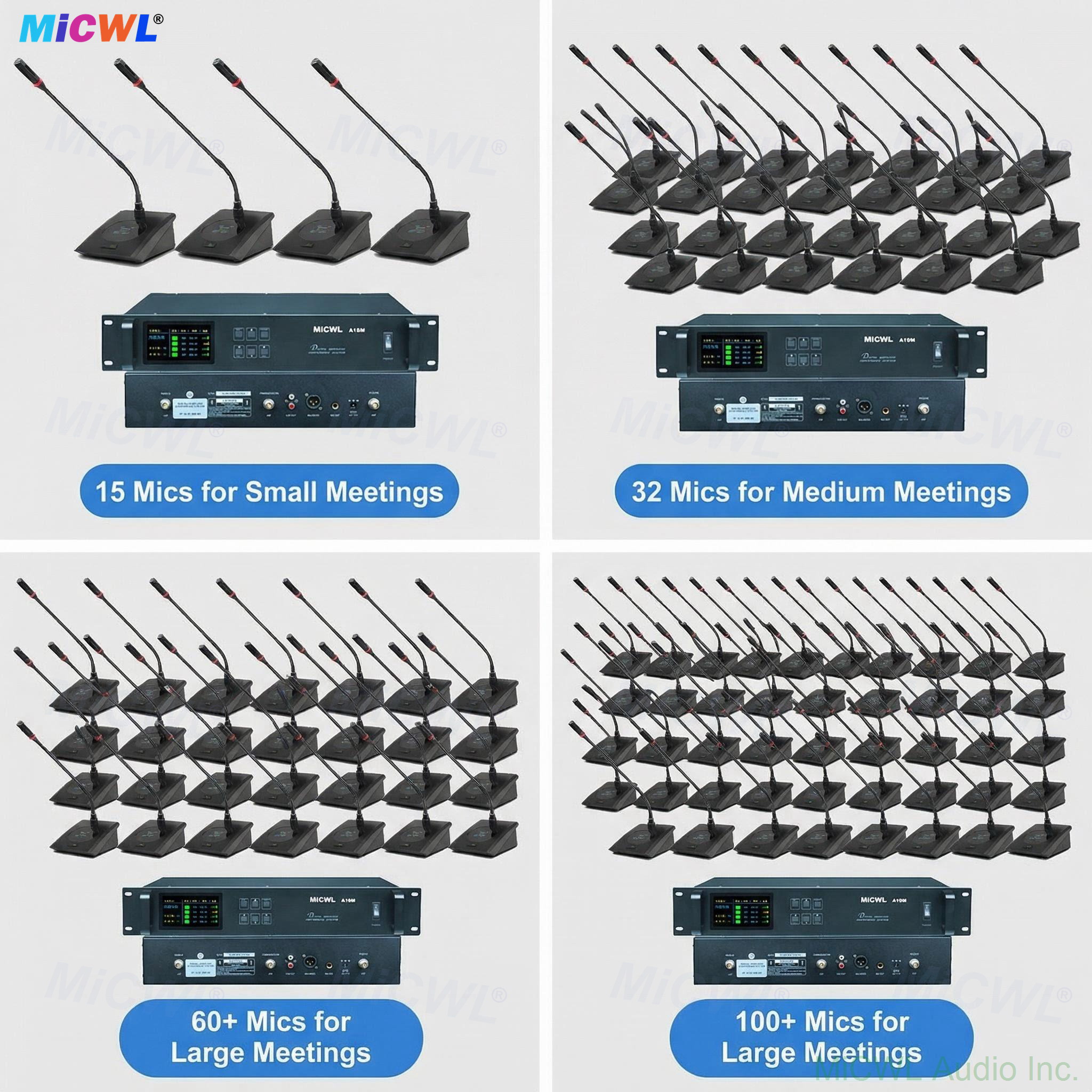 MiCWL Pro digital wireless conference system in corporate boardroom meeting with 20 microphones