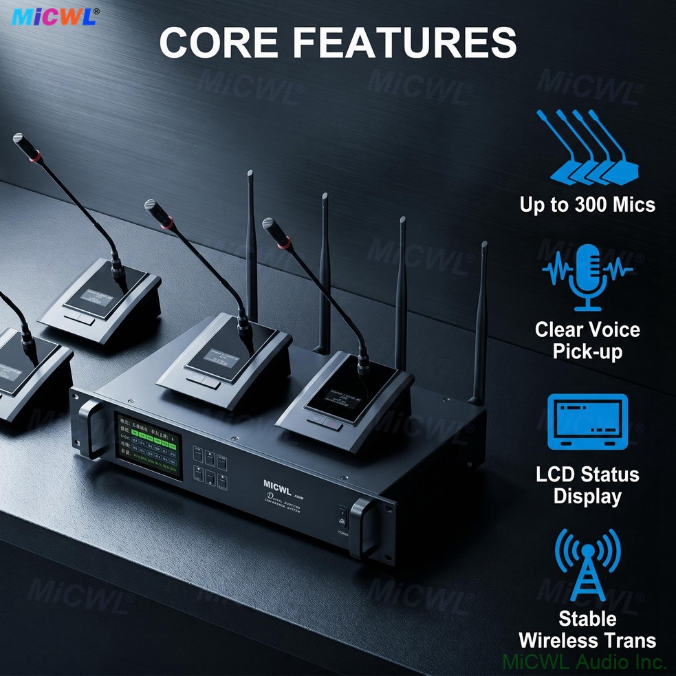 MiCWL A116 12-Unit Digital Wireless Conference Microphone System with 12 desktop gooseneck President Delegate mics - expandable to 300 units for government boardroom corporate meeting classroom lecture hall