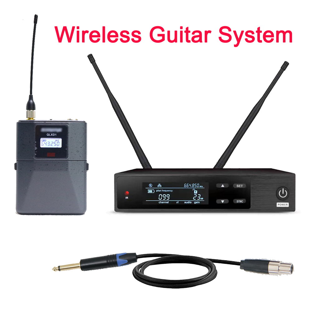 QLXD4 Wireless Guitar System with QLXD1 Bodypack Transmitter and Mini 4pin to 6.35mm Guitar Cable - UHF 100-Channel Digital Wireless for Stage Guitar