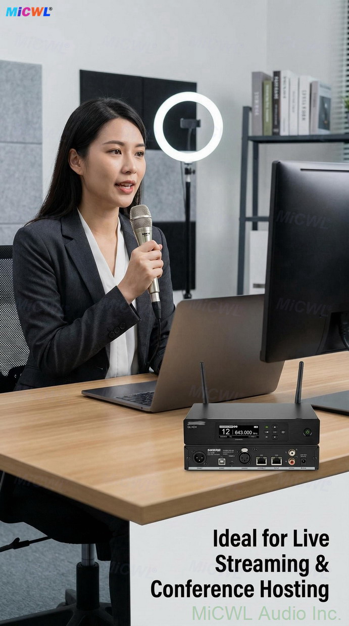 Woman singer performing on stage using KSM8 wireless microphone, live concert vocal