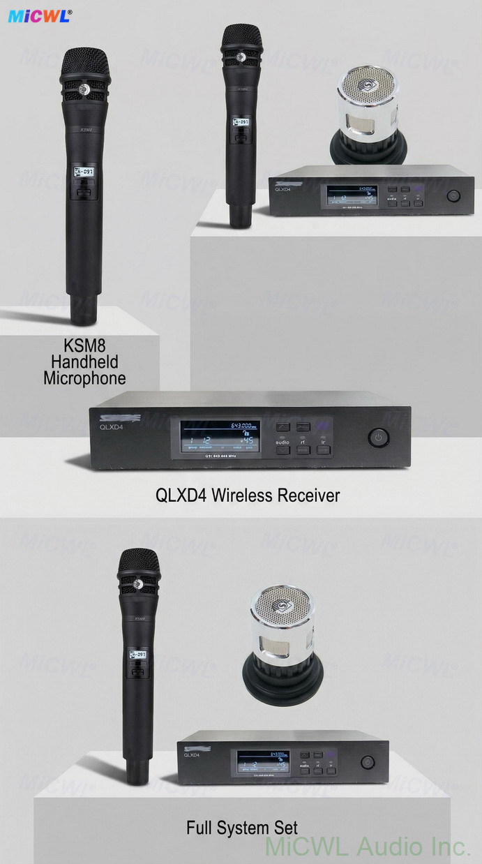 KSM8 handheld wireless microphone with QLXD4 receiver front view, black metal body and silver capsule