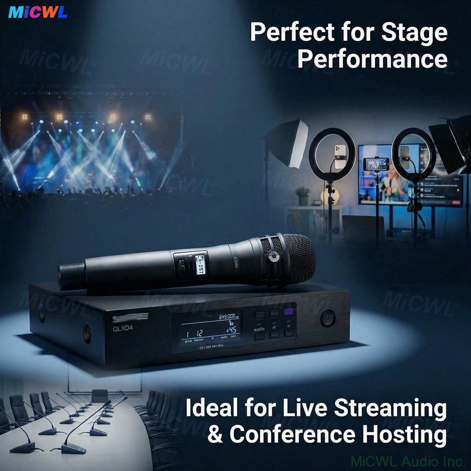 KSM8 wireless handheld microphone and QLXD4 receiver placed on studio desk, professional audio setup
