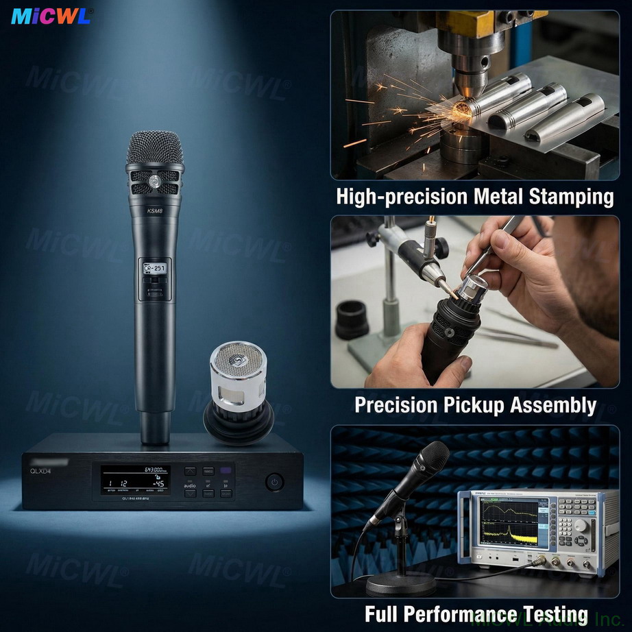 Close-up of KSM8 microphone capsule with cardioid pattern, silver mesh grille detail