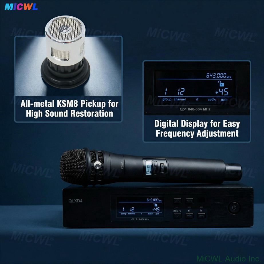KSM8 wireless system with receiver antenna and handheld transmitter, live performance equipment
