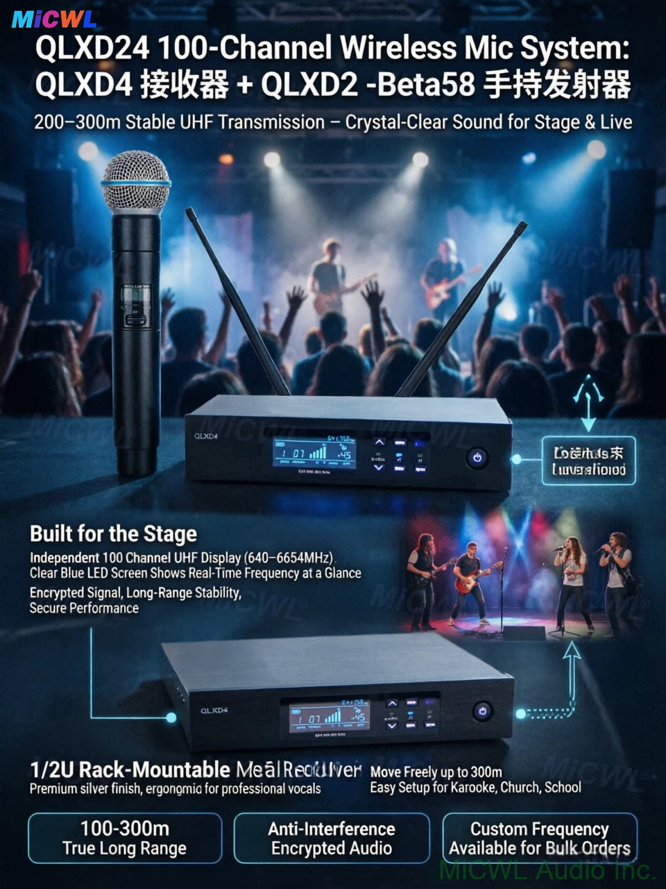 QLXD4 Half-Rack Receiver Black Metal Chassis with Bright Blue LED Digital Display Showing Frequency and Channel