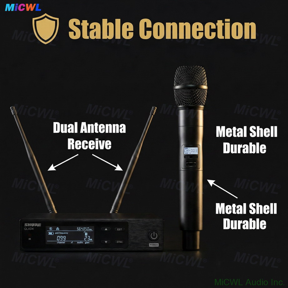 KSM9 microphone with QLXD4 receiver setup on stage, professional live performance audio
