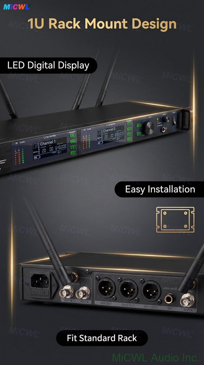 Close-up view of AD4D-II wireless microphone receiver with LCD display showing frequency channels and signal strength indicators