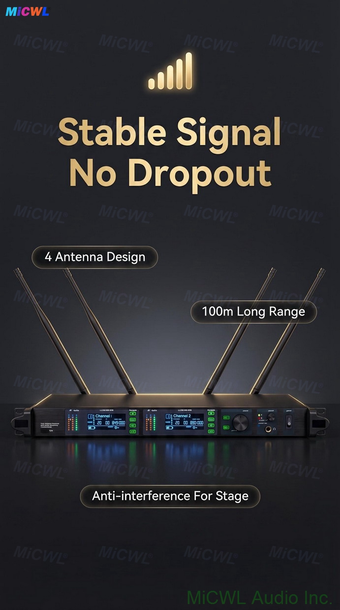 Rear panel of AD4D-II dual channel receiver showing XLR and 1/4 inch audio outputs, power connection, and antenna ports for professional setup