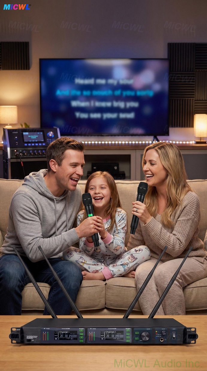 Professional performer using AD4D-II wireless microphone system on stage during live event with audience - real world application