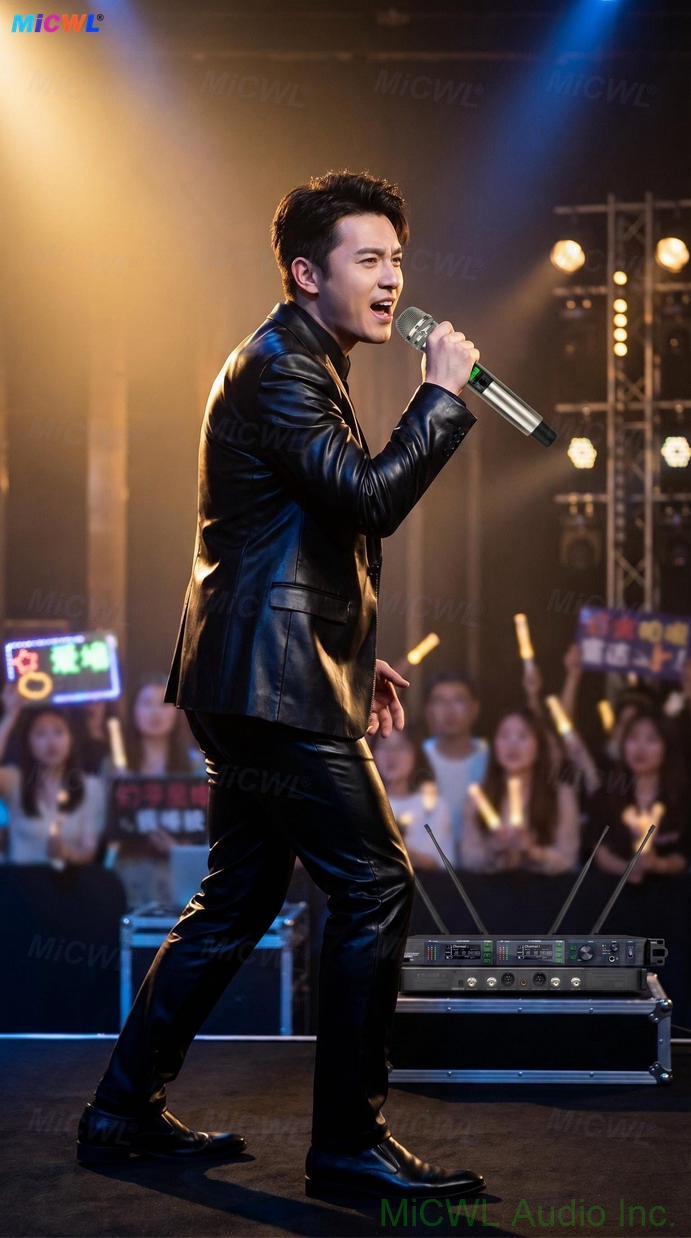 Size comparison of AD4D-II receiver unit alongside standard rack mount measurement showing 1U rack space requirement for professional audio installations