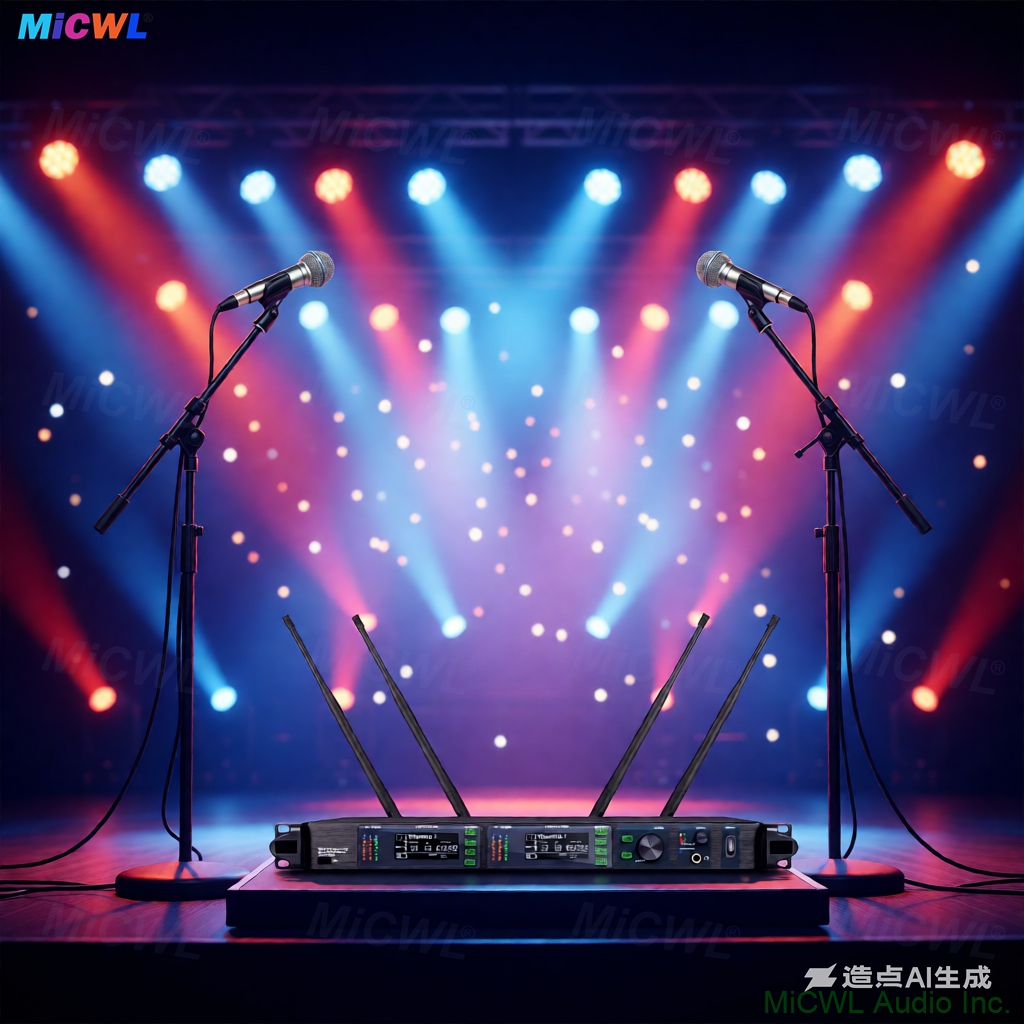 AD4D-II wireless microphone system connected to professional audio mixer and speakers for event setup - complete sound reinforcement solution