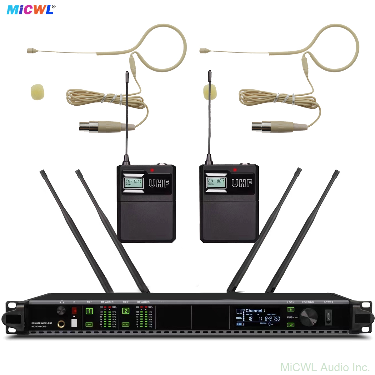 AD4D dual-channel UHF digital wireless MX153 beige earset microphone system with bodypack transmitters, 1U rack receiver, for stage theater speech fitness church corporate