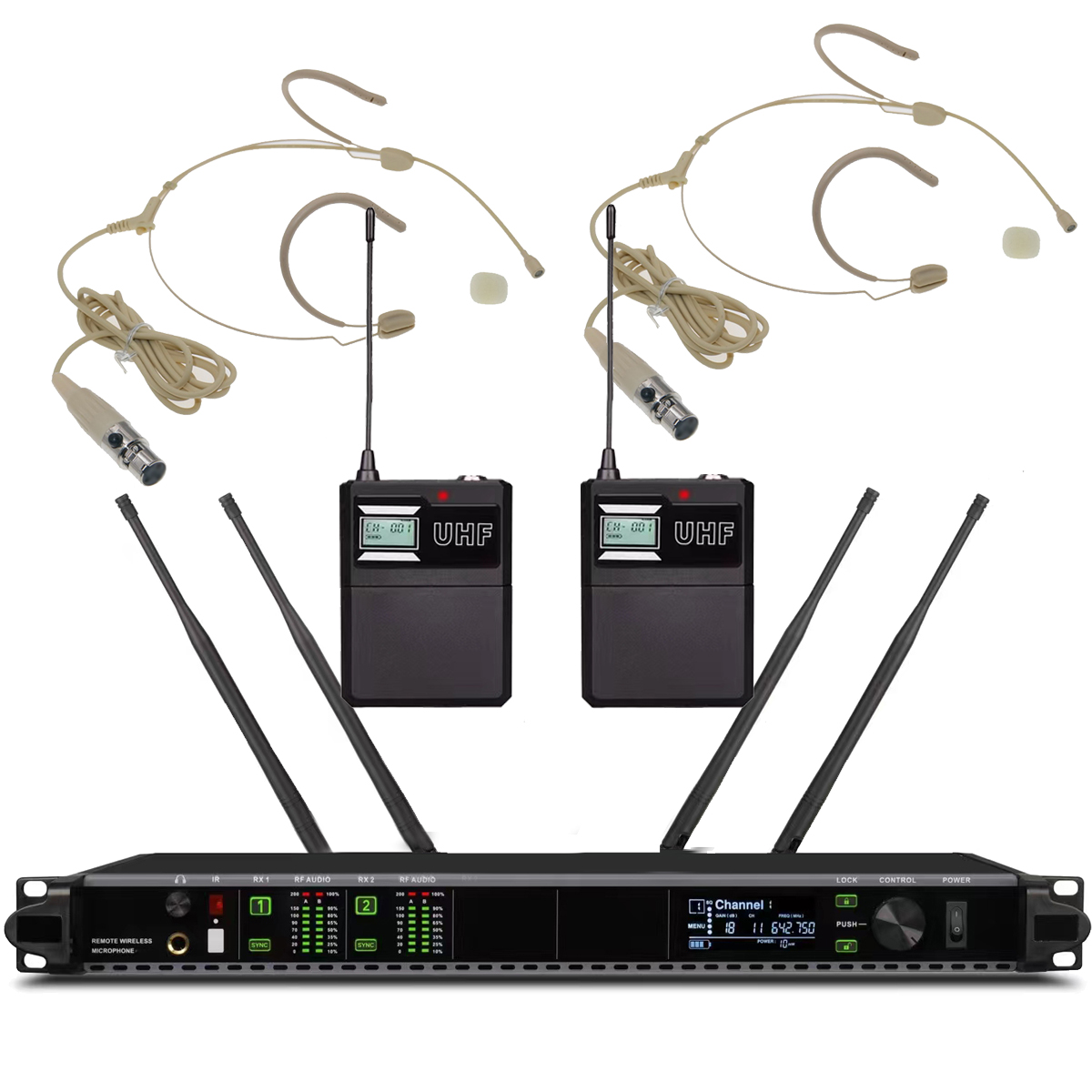 AD4D dual-channel UHF digital wireless SM28 beige headset system with bodypack transmitters, 1U rack receiver, for stage speech fitness church corporate events