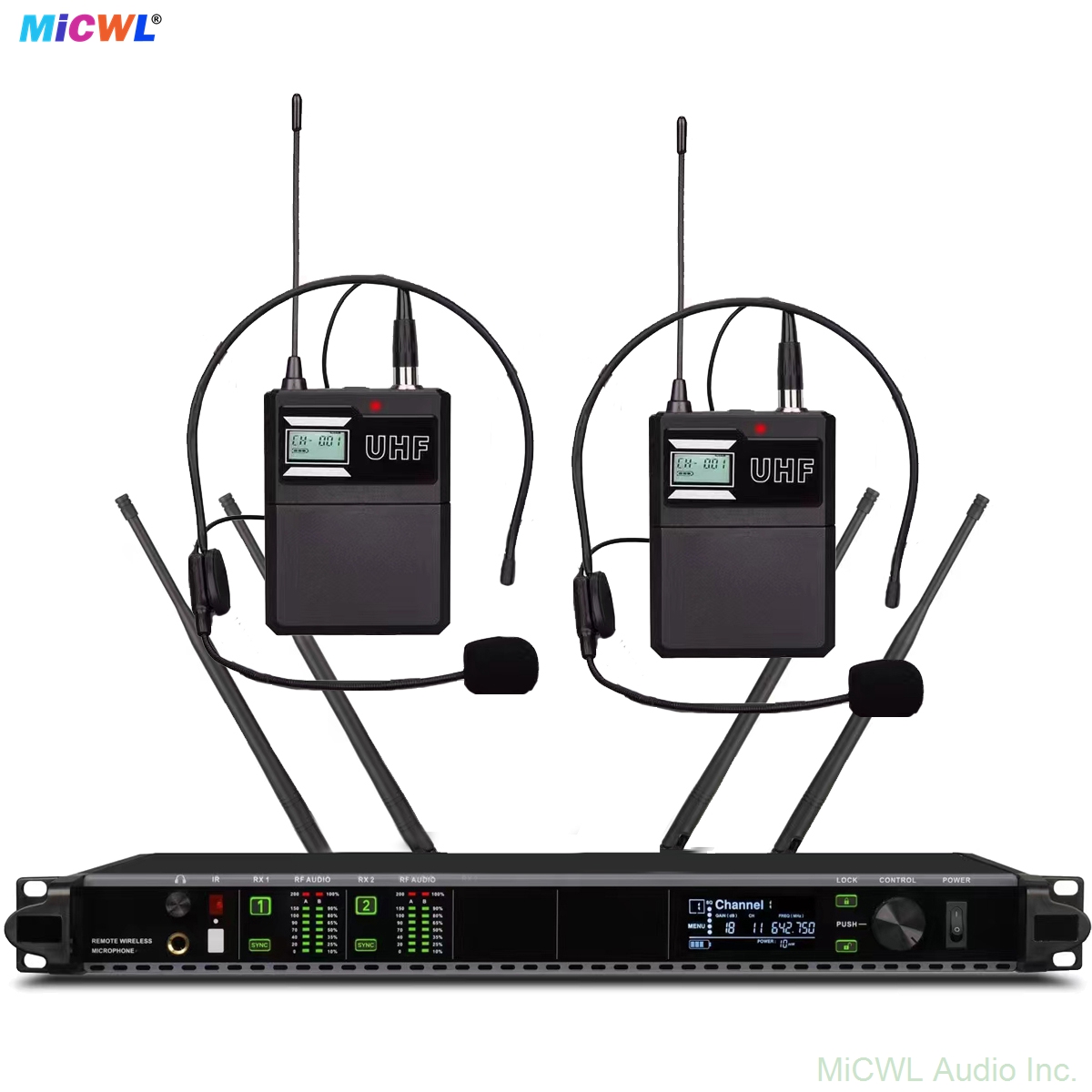 AD4D dual-channel UHF digital wireless headset system with bodypack transmitters, black headset microphones, 1U rack receiver, for stage theater speech fitness church corporate events