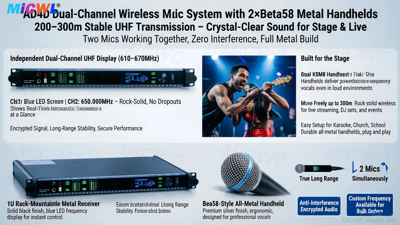AD4D dual-channel digital wireless microphone system with 1U rack receiver and two metal Beta 58 handhelds