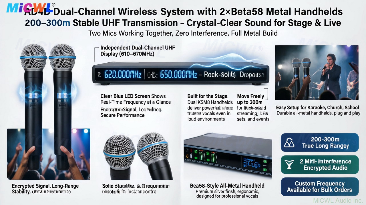 AD4D 1U rack-mountable black metal wireless receiver with blue LED digital display