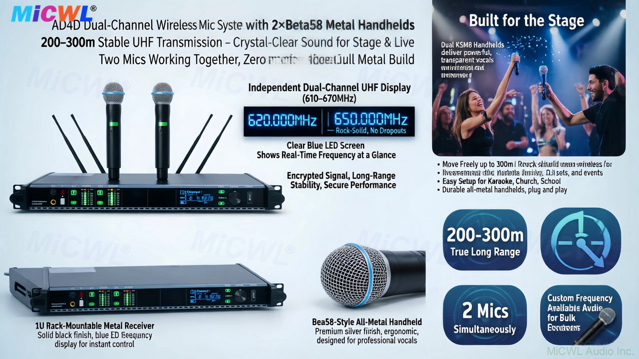 silver metal Beta 58 UHF wireless handheld microphone with dynamic vocal capsule