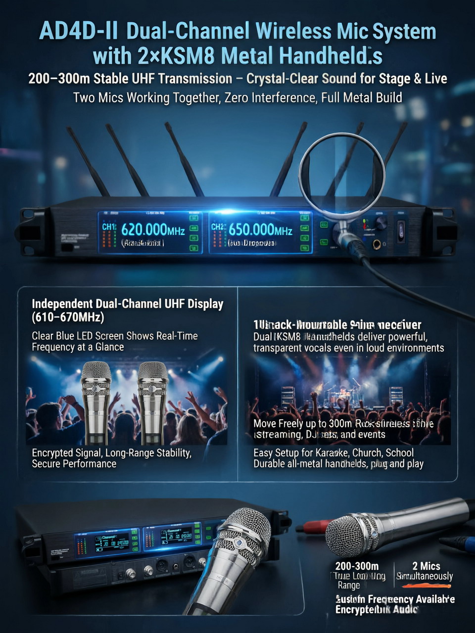 Silver KSM8 metal handheld microphone transmitter - close-up