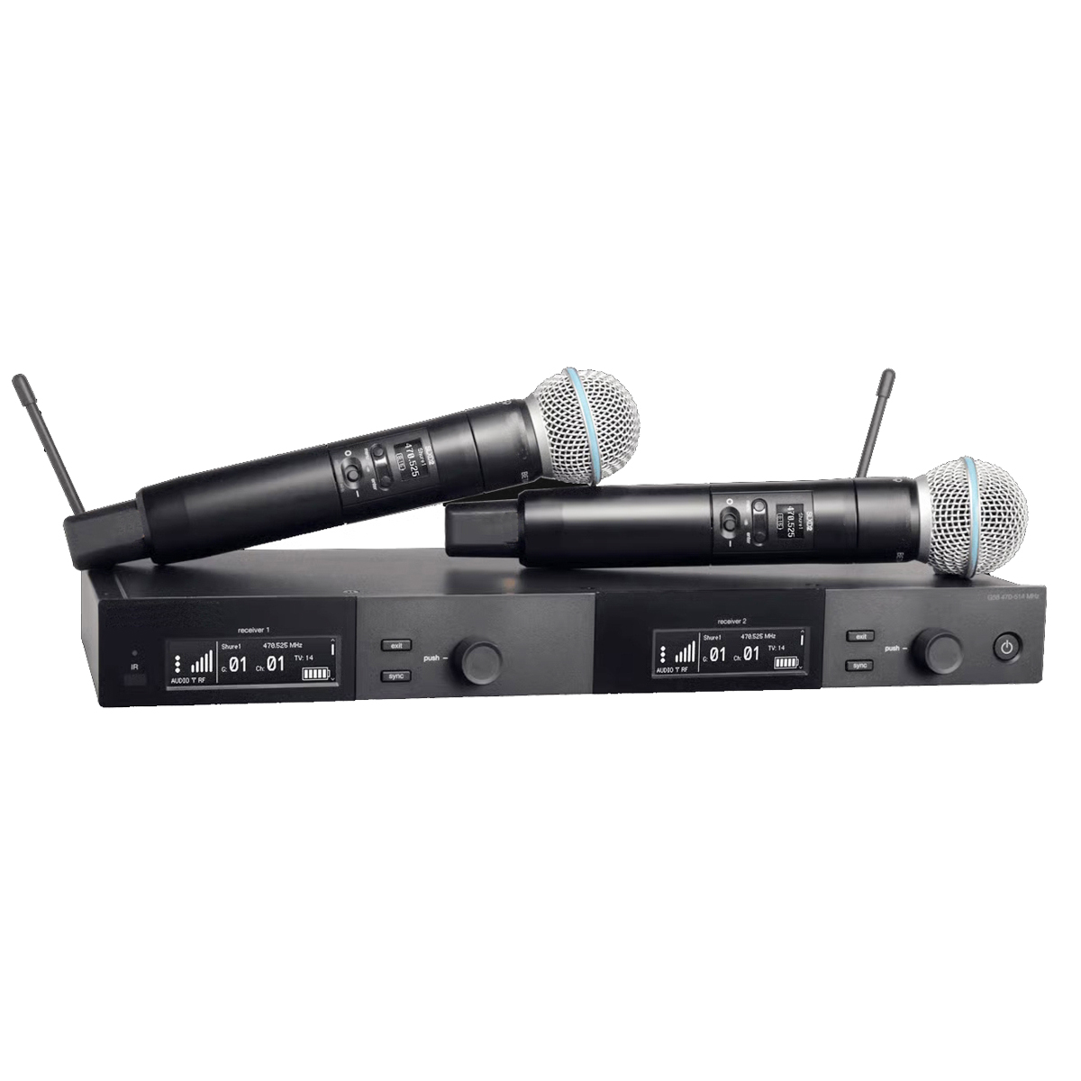 SLXD24D dual-channel UHF digital wireless microphone system with 2 Beta58 handhelds, rack receiver, on stage performance