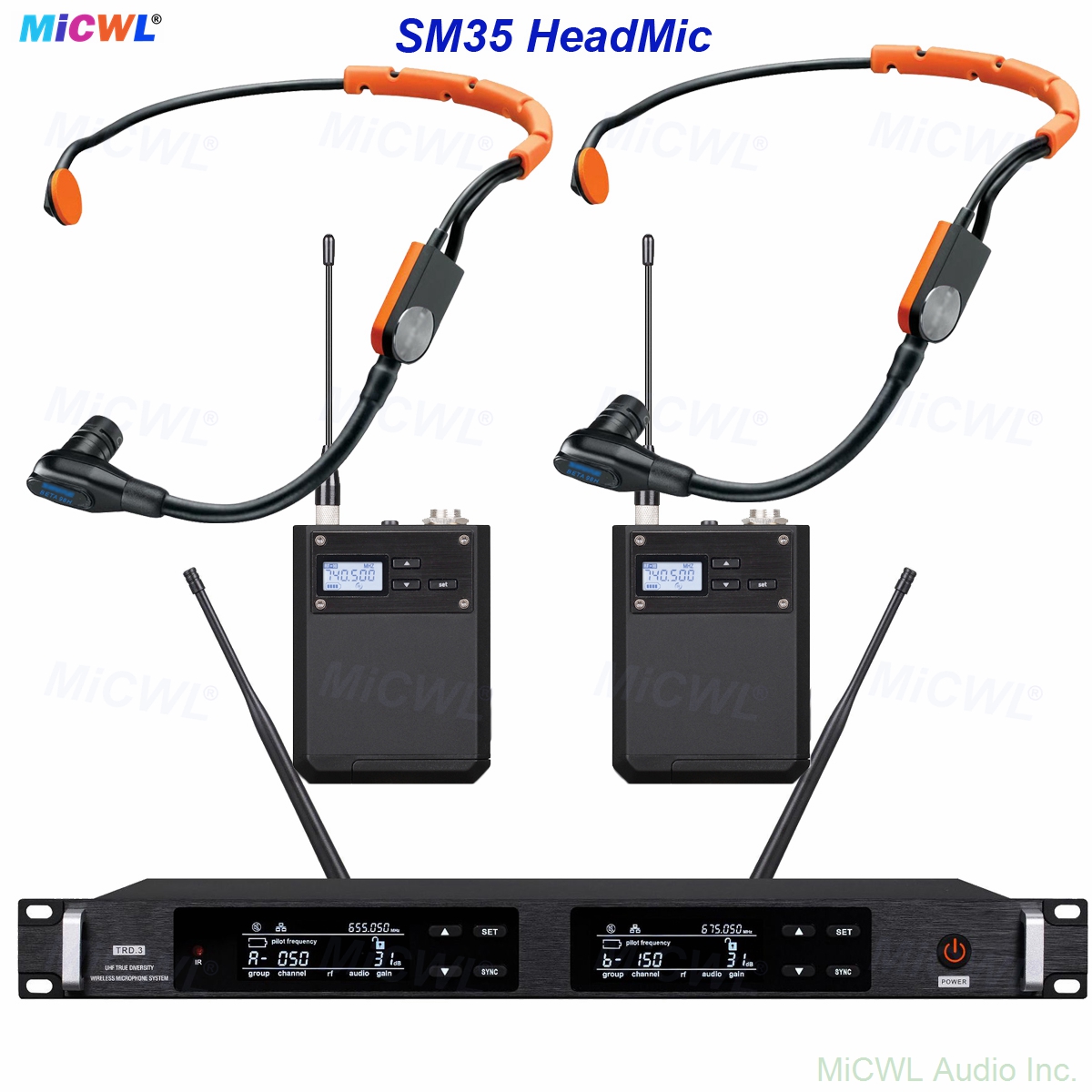 ULXD4D dual-channel UHF digital wireless SM35 headset system with bodypack transmitters, 1U rack receiver, SM35 condenser headset mics orange black, for stage speech fitness church