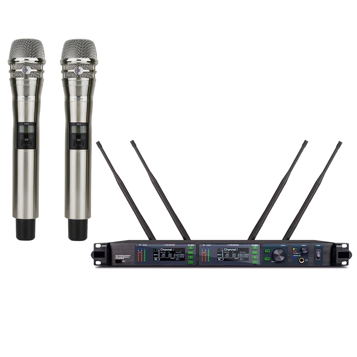 AD4D-II dual-channel UHF digital wireless microphone system with 2 silver KSM8 metal handheld mics 1U rack receiver LED display stage KTV church school