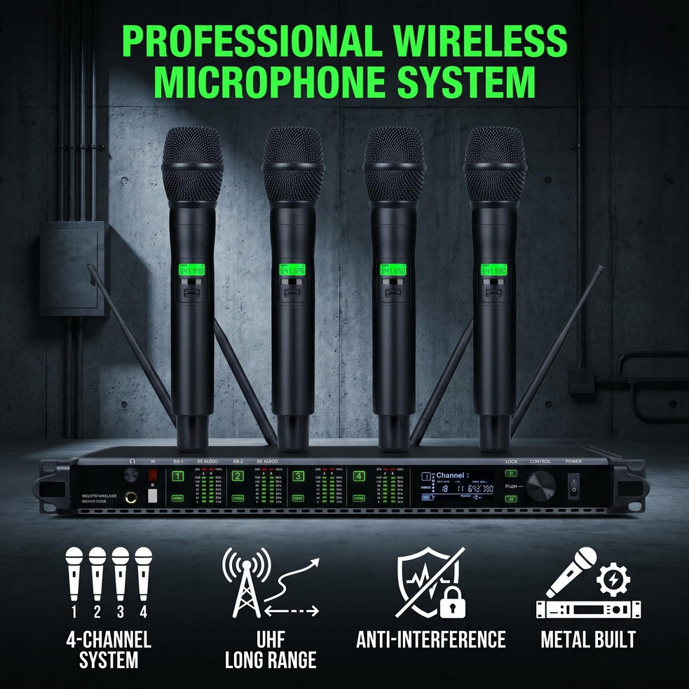 AD4Q 4-channel UHF wireless microphone system complete kit with 4 KSM9 dual-diaphragm condenser handheld mics 400 channels LED receiver for stage performance church school conference