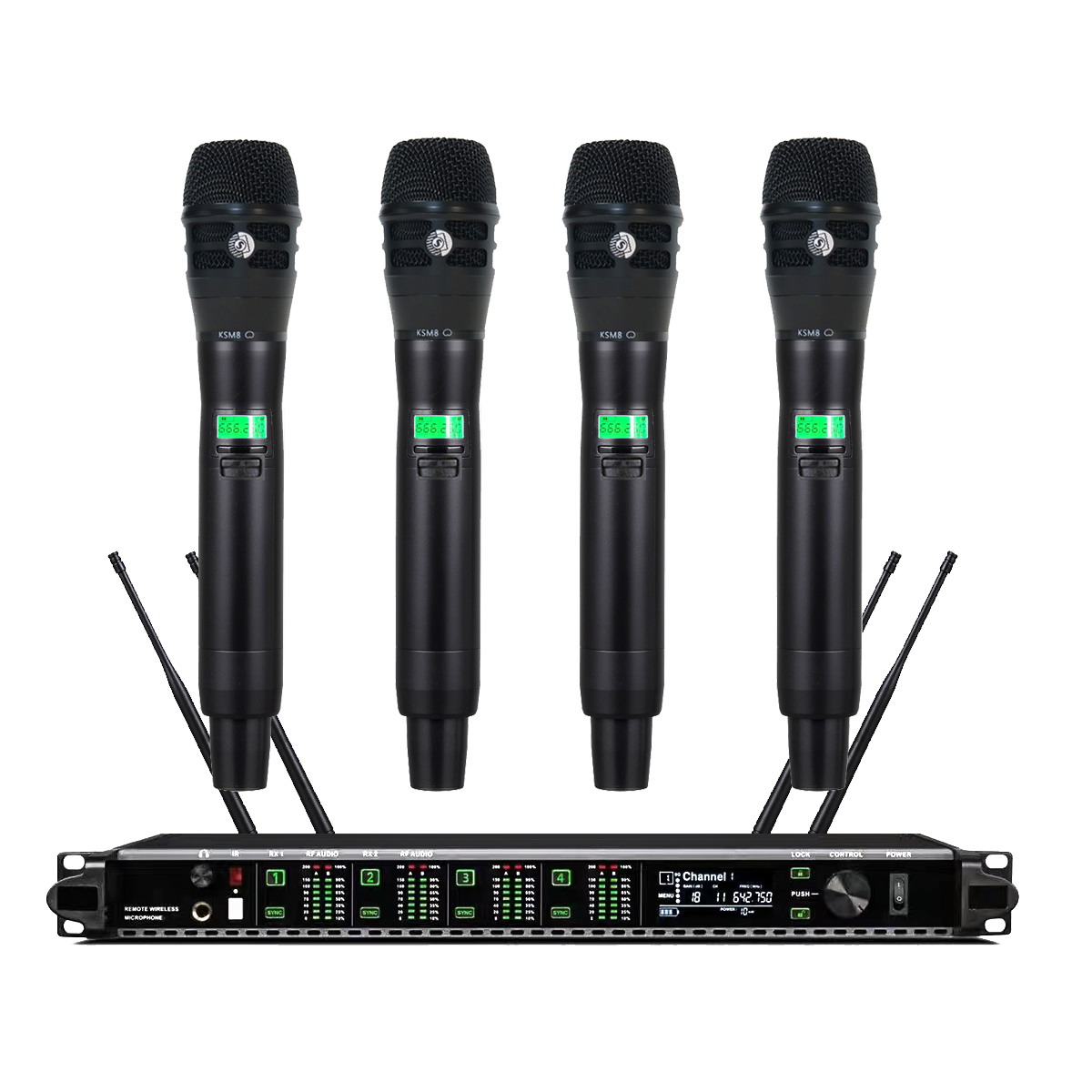 AD4Q 4-channel UHF wireless microphone system with 4x KSM8 handheld mics front view