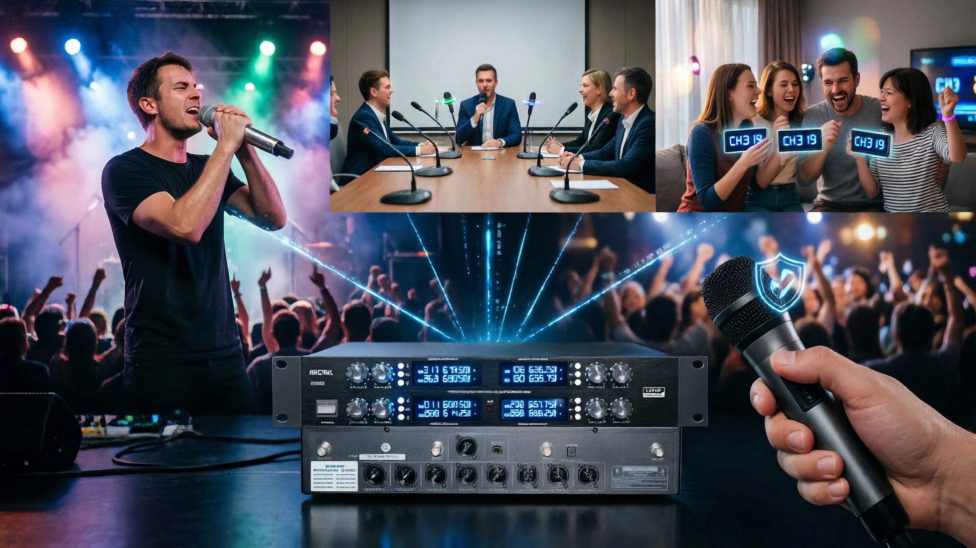 MiCWL D3880 8-channel digital UHF wireless microphone system full kit - 2U rackmount receiver with handheld microphones, bodypack transmitters, lavalier headsets, and desktop gooseneck conference microphones on white background