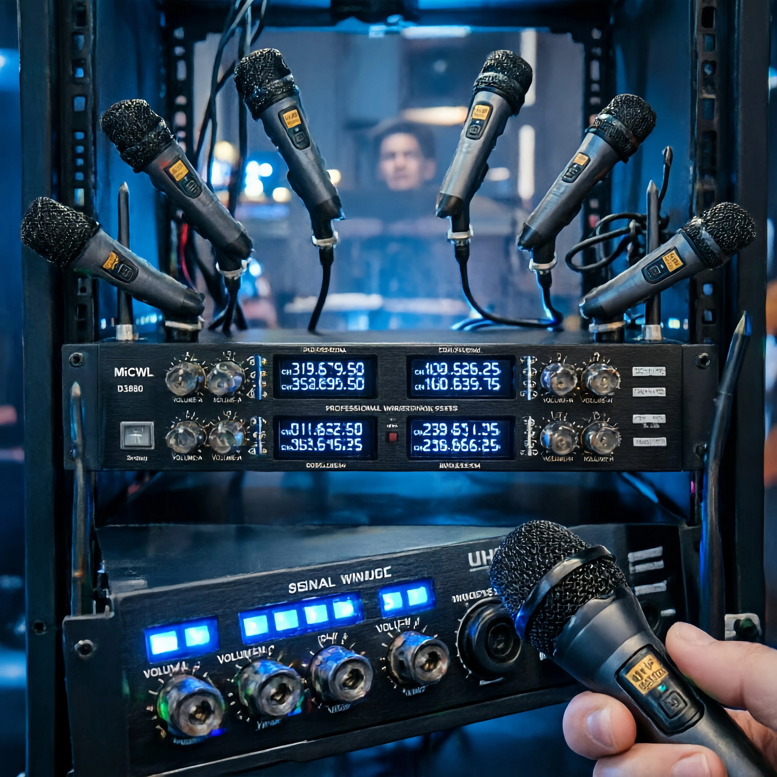 MiCWL D3880 professional 8-channel UHF wireless microphone receiver front panel with 8 signal windows and volume knobs, surrounded by 8 metal handheld wireless microphones in radial array layout