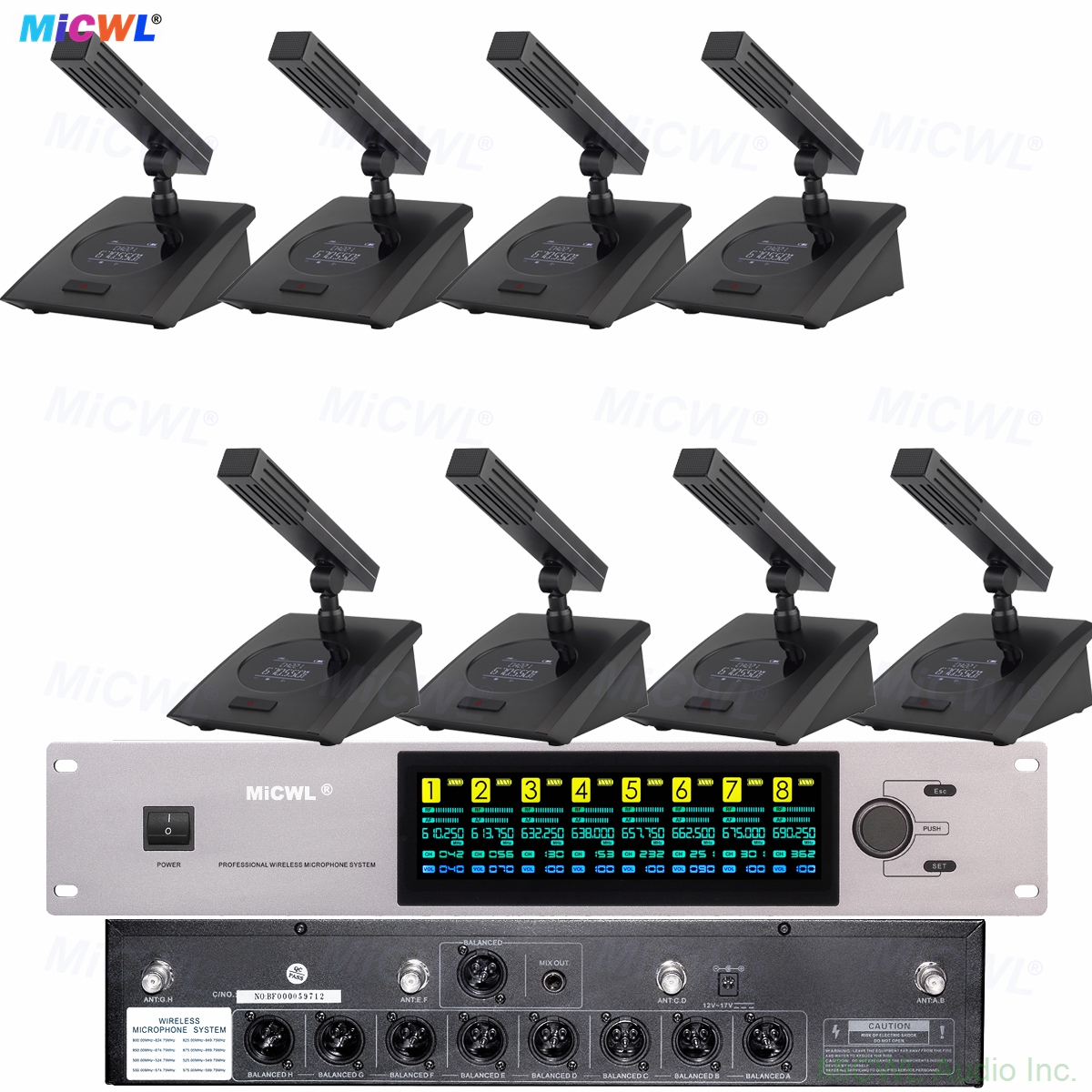 MiCWL D3700 8-channel digital wireless conference system with desktop gooseneck microphones black LED base square tube design for boardroom meetings