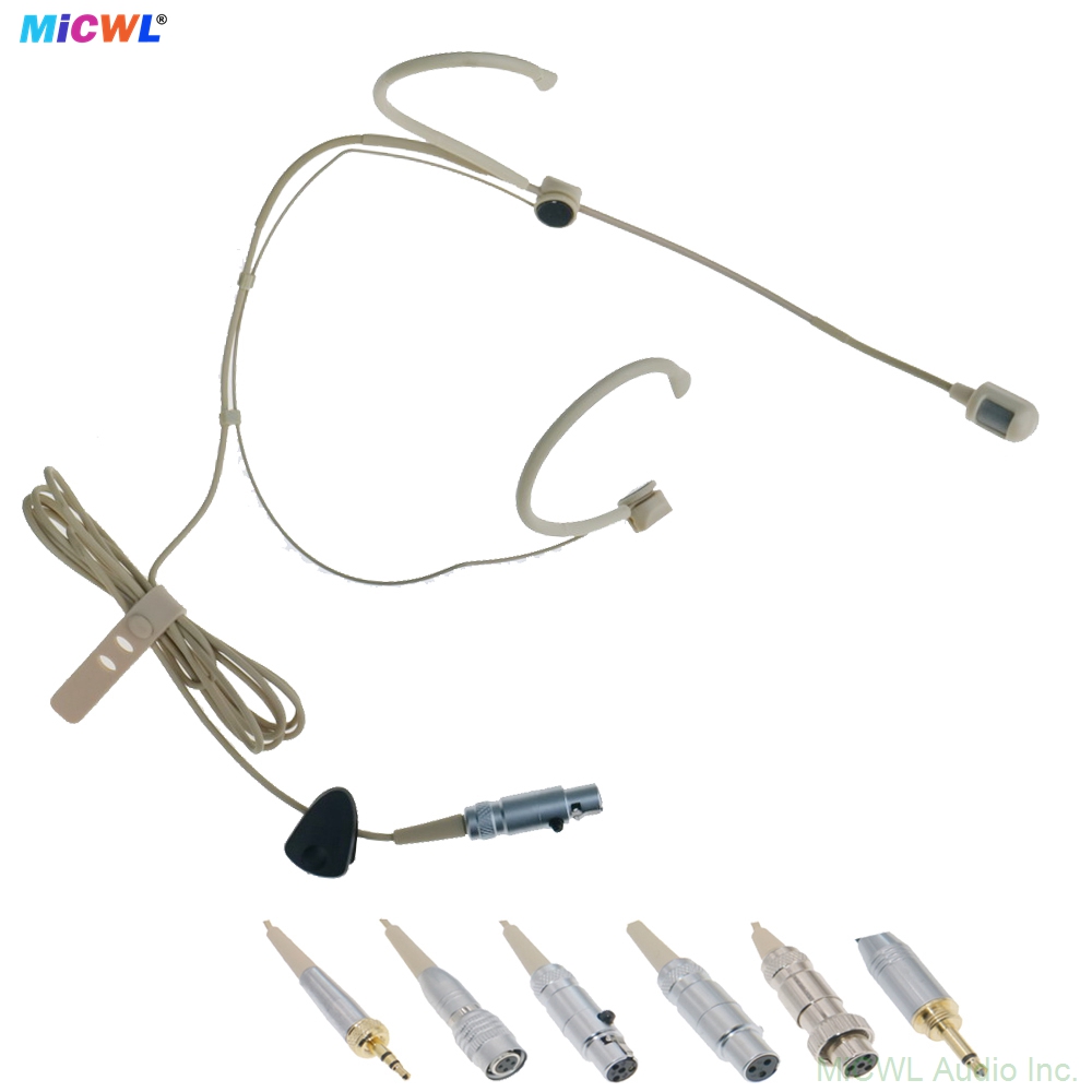 MiCWL Beta54 cardioid beige headset microphone with 6 interchangeable locking connectors for Shure Sennheiser AKG MIPRO Audio-Technica wireless bodypack and 3.5mm mono PC - lightweight fixed frame headworn mic for stage theater broadcast singing