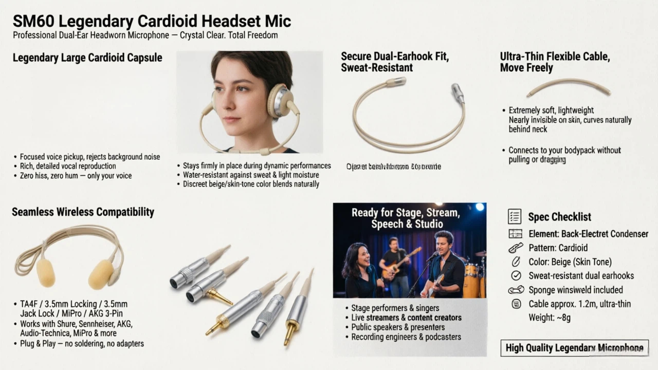 SM60 beige dual-ear headworn cardioid microphone front view with large capsule and windshield
