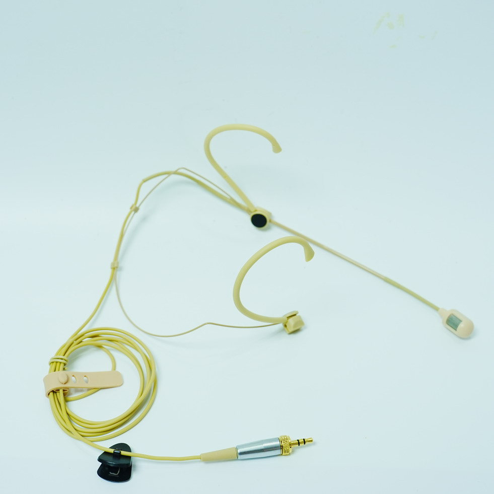 MiCWL Beta54 cardioid beige headset microphone showing fixed frame design with multiple locking connectors for Shure Sennheiser AKG MIPRO Audio-Technica bodypack transmitters and 3.5mm mono for computer mixer