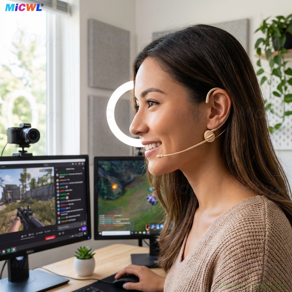 Professional speaker using WBH53 invisible headset microphone in a corporate conference room