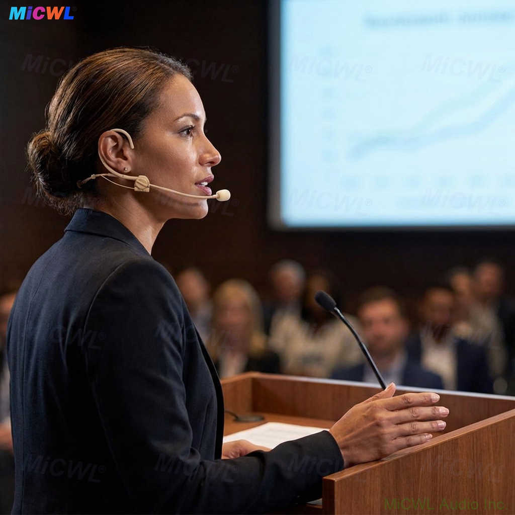 Public speaker on stage with skin color headset microphone compatible with Sennheiser EW G4
